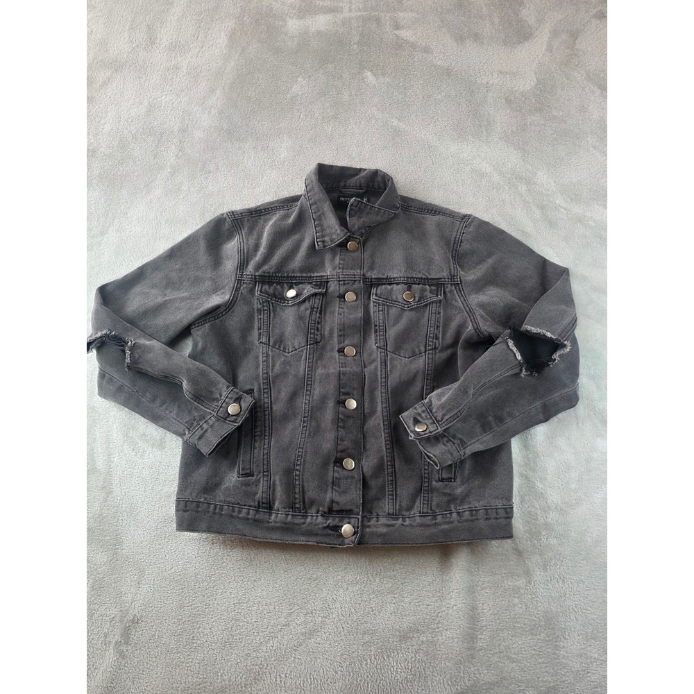 PrettyLittleThing Denim Jacket Women Large Gray Petite Distressed Button Up